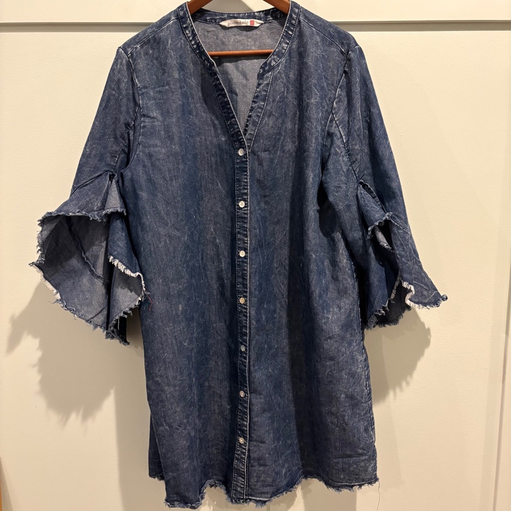 Given Kale Chambray Denim Shirt Dress Bell Sleeve Raw Hem XL